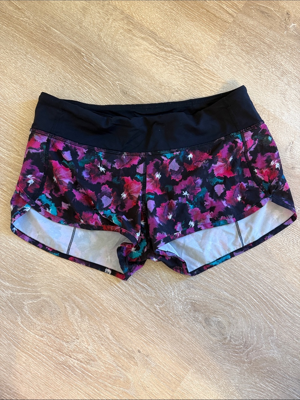 lululemon athletica Black Floral Print Athletic Shorts with Pink & Teal Accents